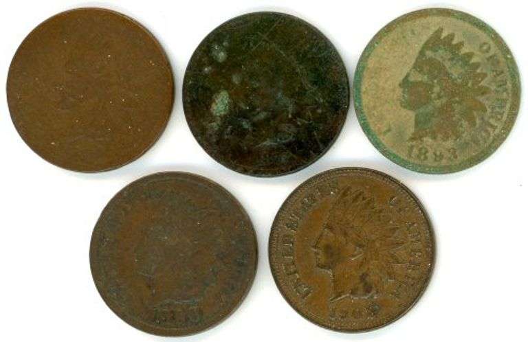 5 Different Indian Head Cents Including 1864-L