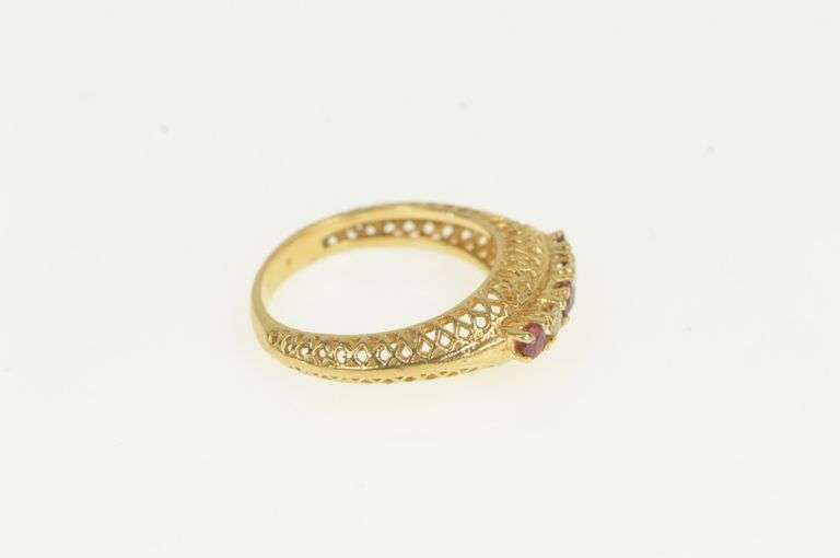 14K Yellow Gold Ornate Filigree Ruby Diamond Ornate Band Ring