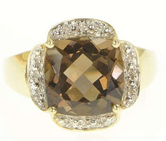 14K Yellow Gold Cushion Smoky Quartz Scalloped Statement Ring