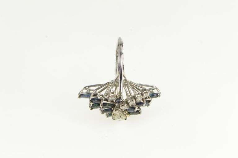 14K White Gold 1950's 3.61 Ctw Diamond Sapphire Cocktail Ring