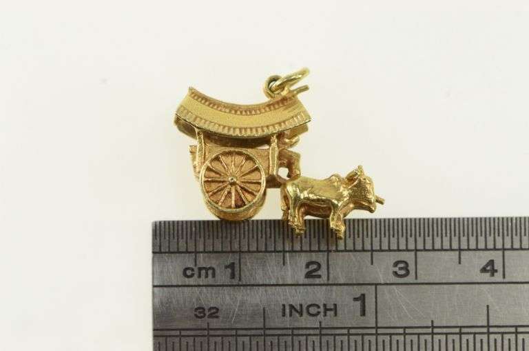 14K Yellow Gold 3D Chinese Cow Cart Vintage Charm/Pendant