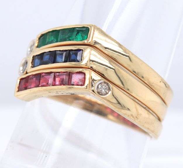14kt Yellow gold Emerald, Sapphire and diamond stackable 3 rings