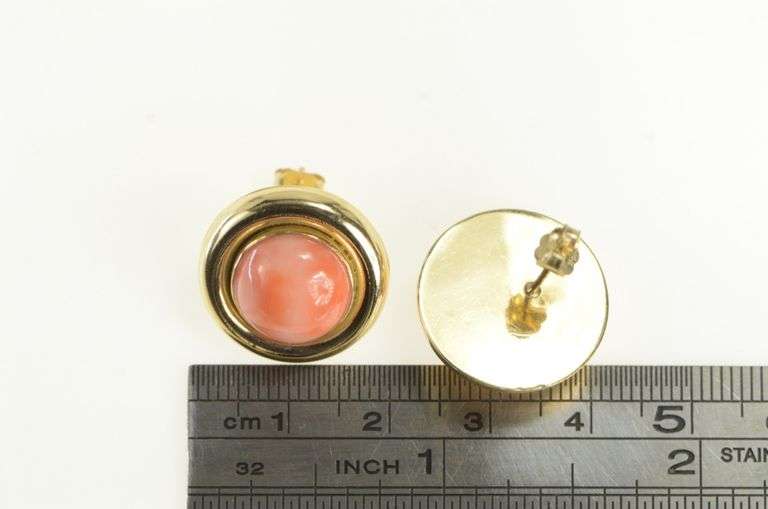 14K Yellow Gold Round Natural Coral Ornate Vintage Stud Earrings