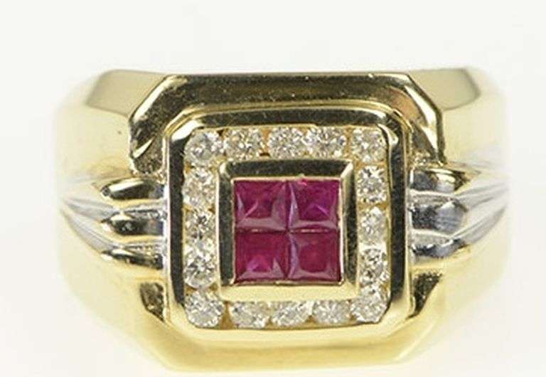14K Yellow Gold 1.00 Ctw Princess Syn. Ruby Diamond Squared Ring