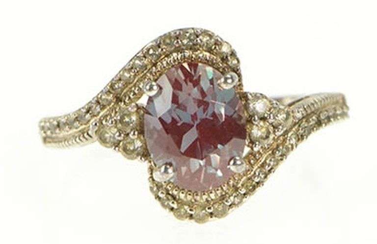 Sterling Silver Oval Syn. Alexandrite Diamond Bypass Ring