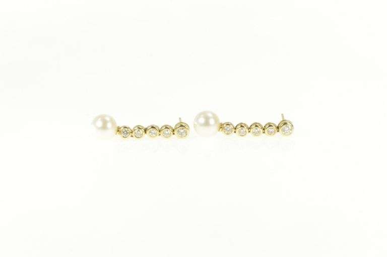 14K Yellow Gold 1.25 Ctw Pearl Diamond Dangle Statement Earrings