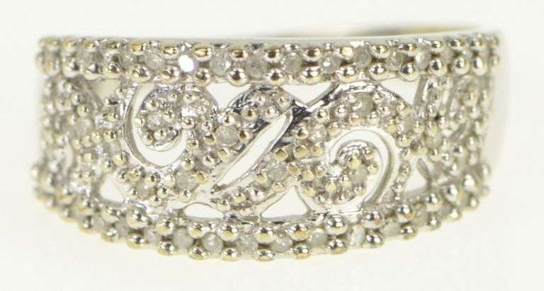 10K White Gold Diamond Encrusted Ornate Swirl Band Ring