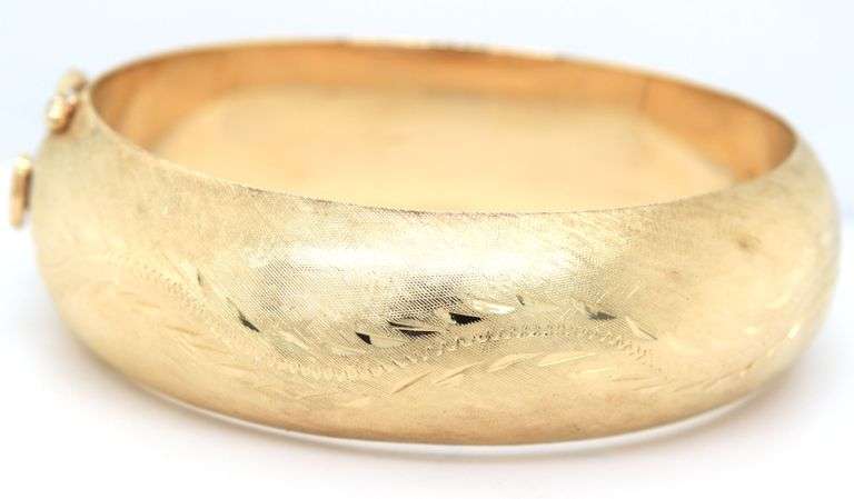 14kt Yellow gold Brushed finish wide floral bangle bracelet