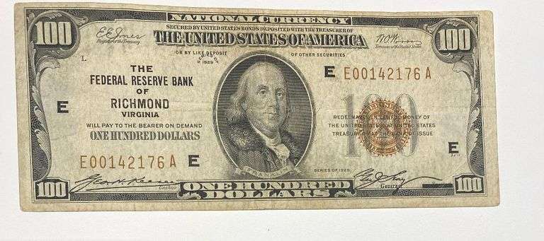 $100 Richmond 1929 Brown Seal National Currency Note