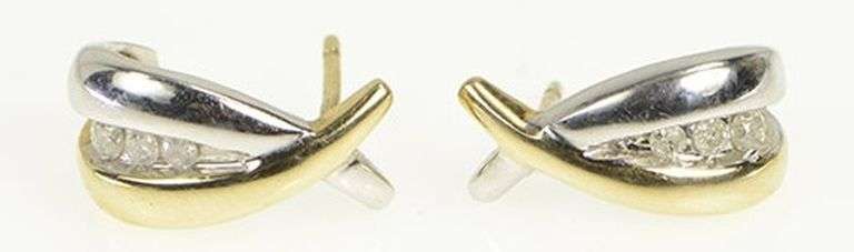 10K Yellow Gold Two Tone Diamond X Semi Hoop Fashion Earrings