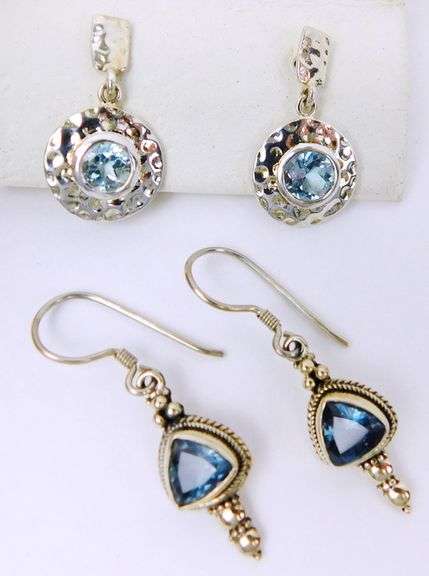 2 Pairs Sterling Silver Blue Topaz Pierced Earrings