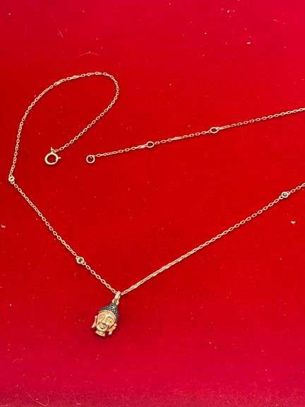 BRAND NEW 14K ROSE GOLD AND DIAMOND STATION NECKLACE WITH DIAMOND THAI BUDHA PENDANT