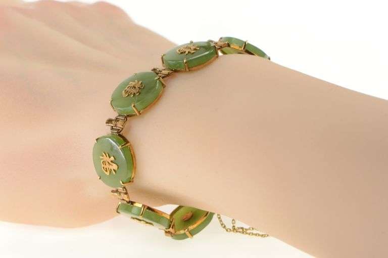 14K Yellow Gold Jade Chinese Symbol Happiness Fortune Bracelet