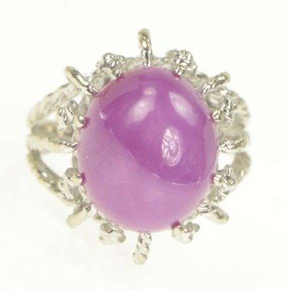 14K White Gold Oval Syn. Star Ruby Cabochon Ornate Cocktail Ring