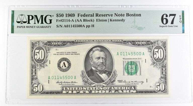 1969 $50 Boston MA US FRN Fr#2114-A 67 Superb Gem Unc EPQ PMG