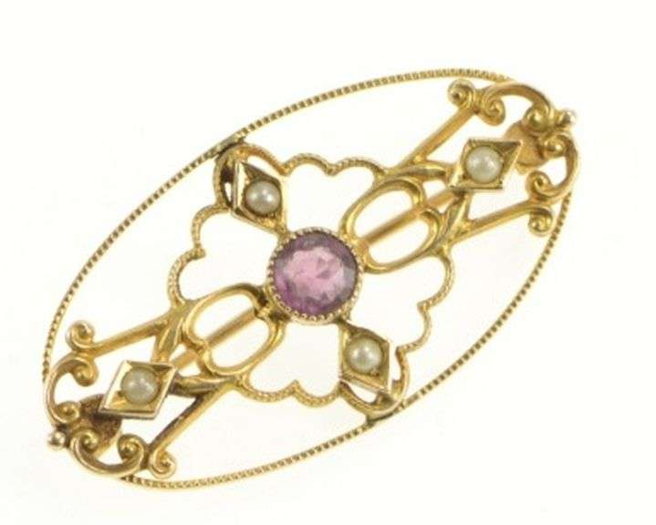 10K Yellow Gold Victorian Amethyst Seed Pearl Filigree Pin/Brooch