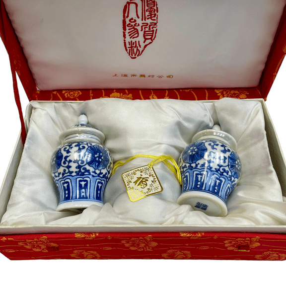 Two Chinese Blue and White Porcelain Lidded Ginseng Canisters with Powder Sealed and in Original Box