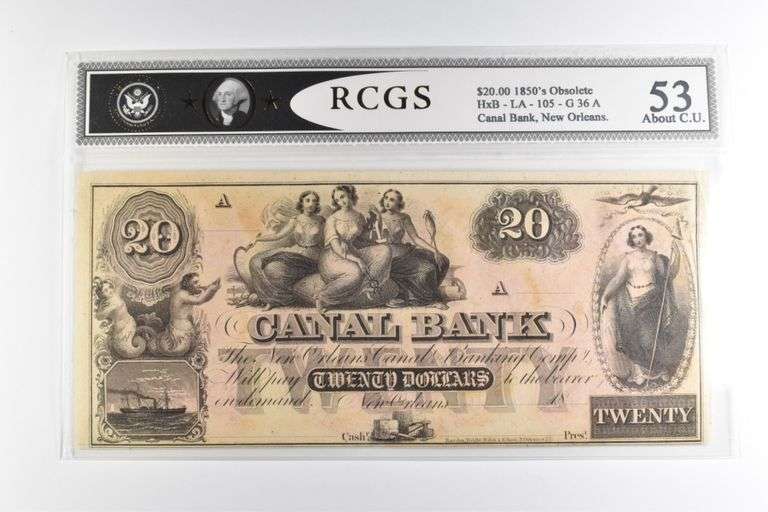 RCGS About CU 53 $20 1850s New Orleans, LA Canal Bank Note
