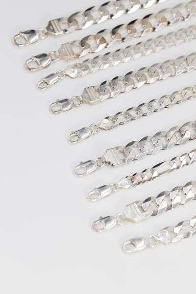Sterling Silver - Italy Stamped - Super Flats - Curb / Figaro Mixed Lot - 9 Chains - 7.8mm to 13mm W