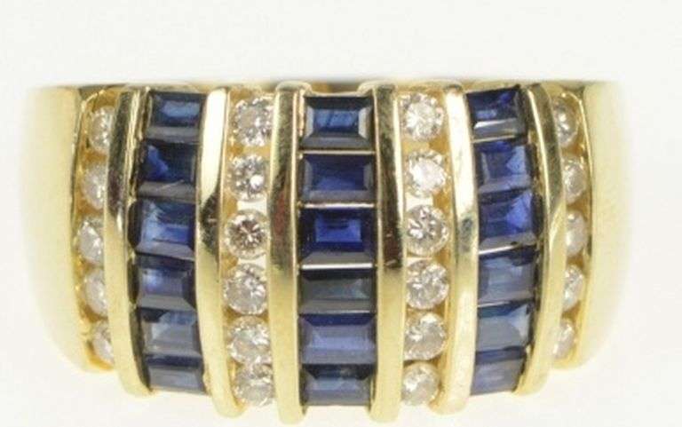 14K Yellow Gold 2.76 Ctw Princess Sapphire Diamond Band Ring