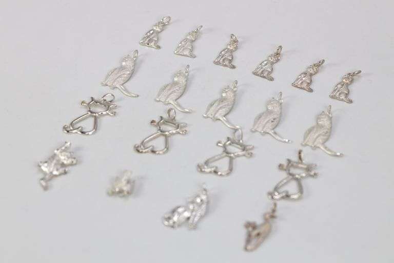 Sterling Silver Vintage Cat Pendant Assortment Various Sizes & Styles (19 Pendant Lot)