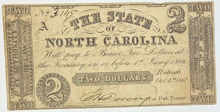 State of North Carolina $2 Note Oct 4 1861 Series