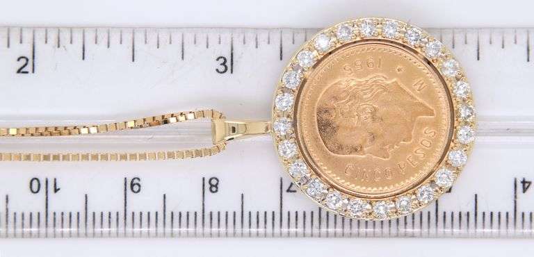 21.6K Yellow gold Mexico gold 5 coin Peso with diamond bezel pendant on Italian box chain necklace