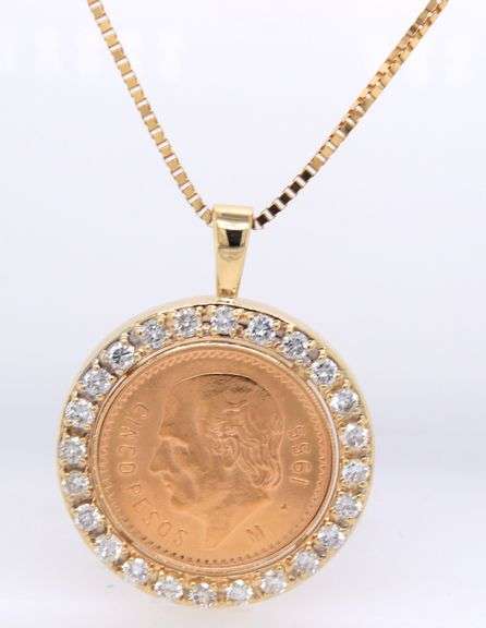 21.6K Yellow gold Mexico gold 5 coin Peso with diamond bezel pendant on Italian box chain necklace