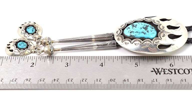 Amazing 925 Bear Claw Bolo with Turquoise gemstones made by Navajo Artist Teddy Goodluck SR.