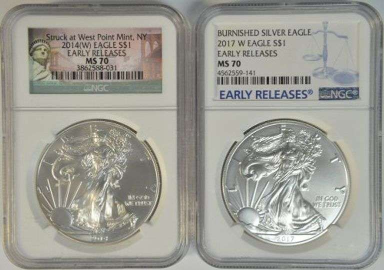 2 NGC MS70 graded 2014-W & 2017-W $1 Silver Eagles. Early Releases