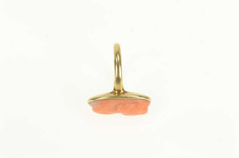 14K Yellow Gold Oval Carved Victorian Coral Cameo Vintage Ring