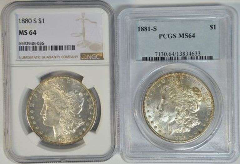Bright-white near Gem BU 1880-S & 1881-S Morgan Silver Dollars. MS64