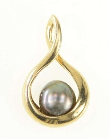 14K Yellow Gold 9.5mm Grey Pearl Twist Loop Pendant