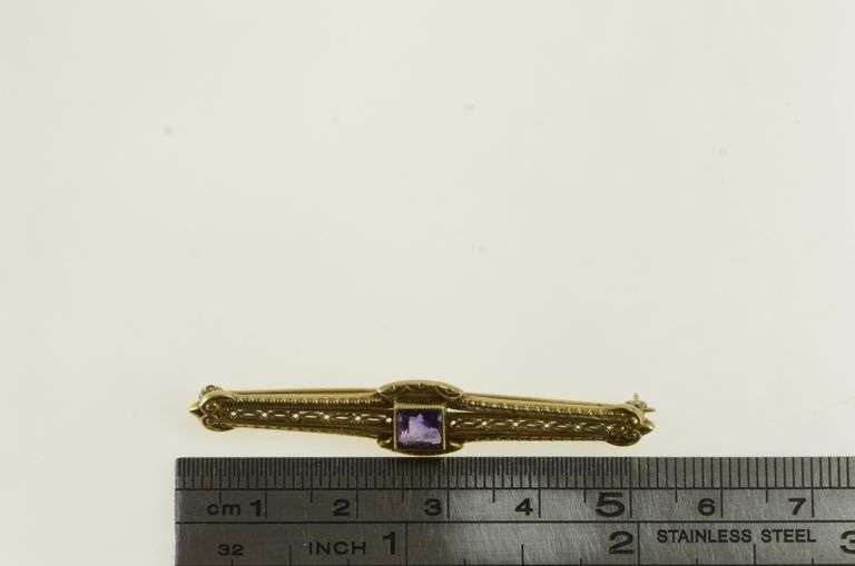 14K Yellow Gold Victorian Ornate Amethyst Filigree Bar Pin/Brooch