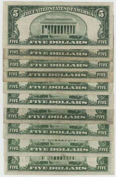10 Nice Series of 1934 Small Size $5 Blue Seal Silver Certificates