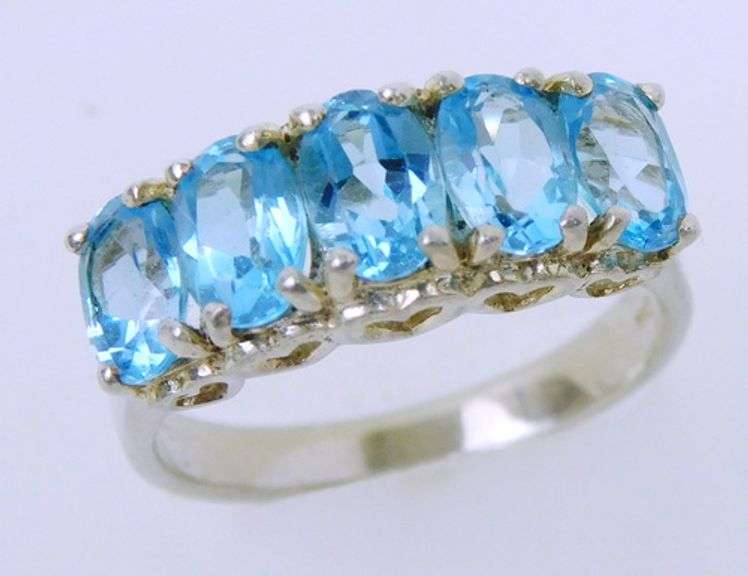 Sterling Ring of 5 Blue Topaz Stones, Size 6.5