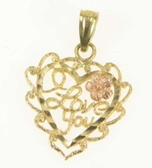 14K Yellow Gold I Love You Heart Filigree Rose Romantic Pendant