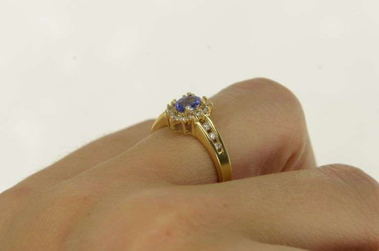 14K Yellow Gold Tanzanite Diamond Halo Engagement Ring
