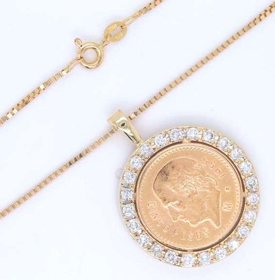 21.6K Yellow gold Mexico gold 5 coin Peso with diamond bezel pendant on Italian box chain necklace