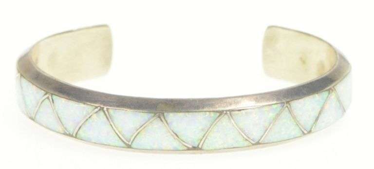 Sterling Silver Southwestern Syn. Opal Zig Zag Inlay Bracelet