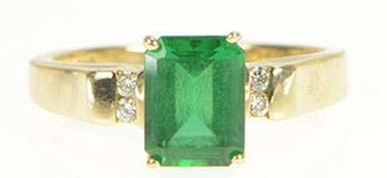 10K Yellow Gold Emerald Cut Syn. Emerald Diamond Accent Ring