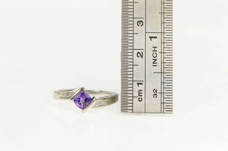 10K White Gold Cushion Faceted Amethyst Diamond Bypass Ring