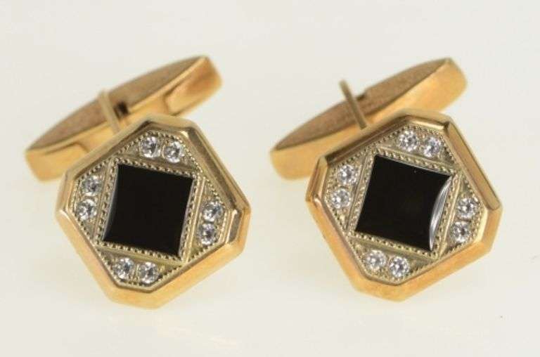14K Yellow Gold Art Deco Black Onyx Diamond Vintage Cuff Links