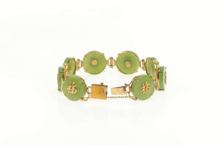 14K Yellow Gold Jade Chinese Symbol Happiness Fortune Bracelet