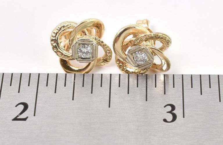 Perfect 14K Yellow Gold Diamond Knot Stud Earrings