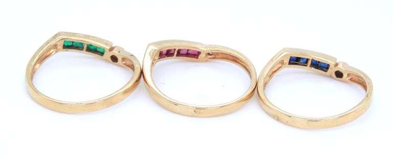 14kt Yellow gold Emerald, Sapphire and diamond stackable 3 rings