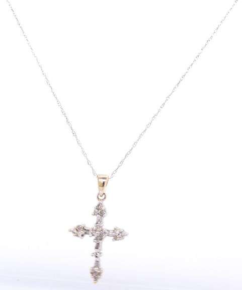 2 Tone diamond accent cross pendant on white gold chain necklace