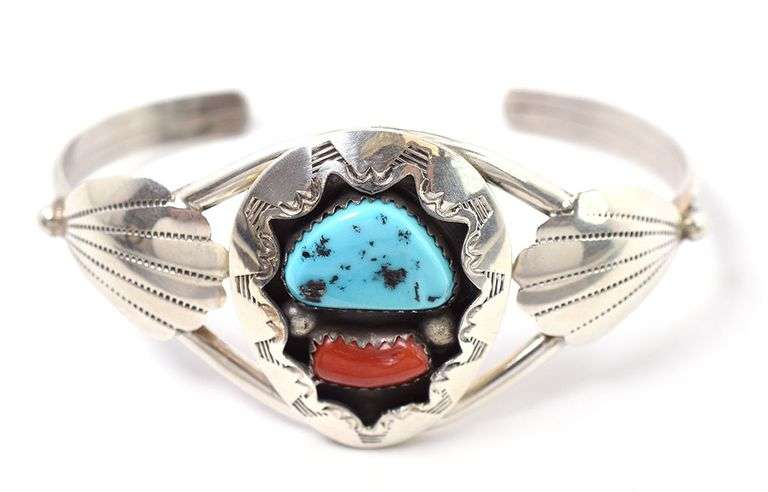 Mesmerizing 925 Navajo Turquoise and Coral Gemstone Cuff Bracelet made by Teddy Goodluck SR.