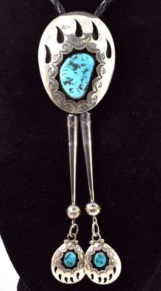 Amazing 925 Bear Claw Bolo with Turquoise gemstones made by Navajo Artist Teddy Goodluck SR.