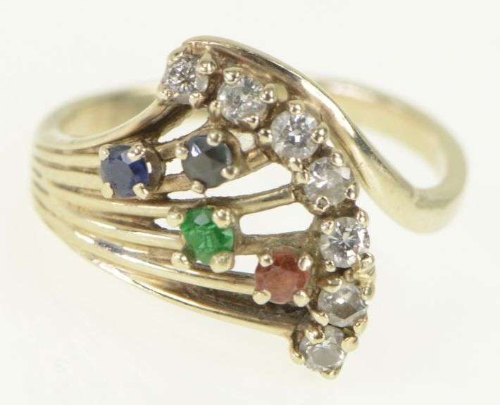 14K White Gold Retro Diamond Emerald Sapphire Ruby Ring
